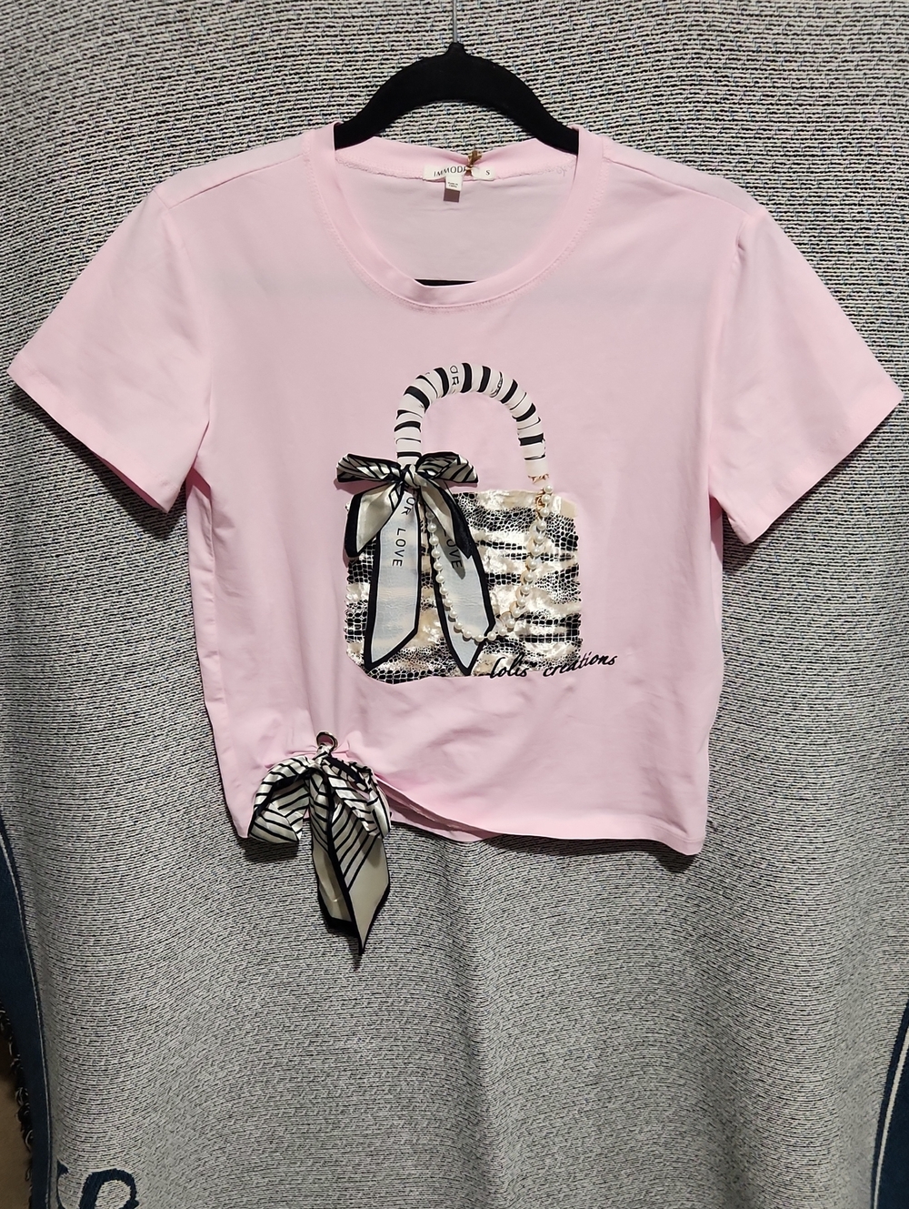 Women’s Light Pink Short Sleeve Lux Graphic Tee with Scarf Accent